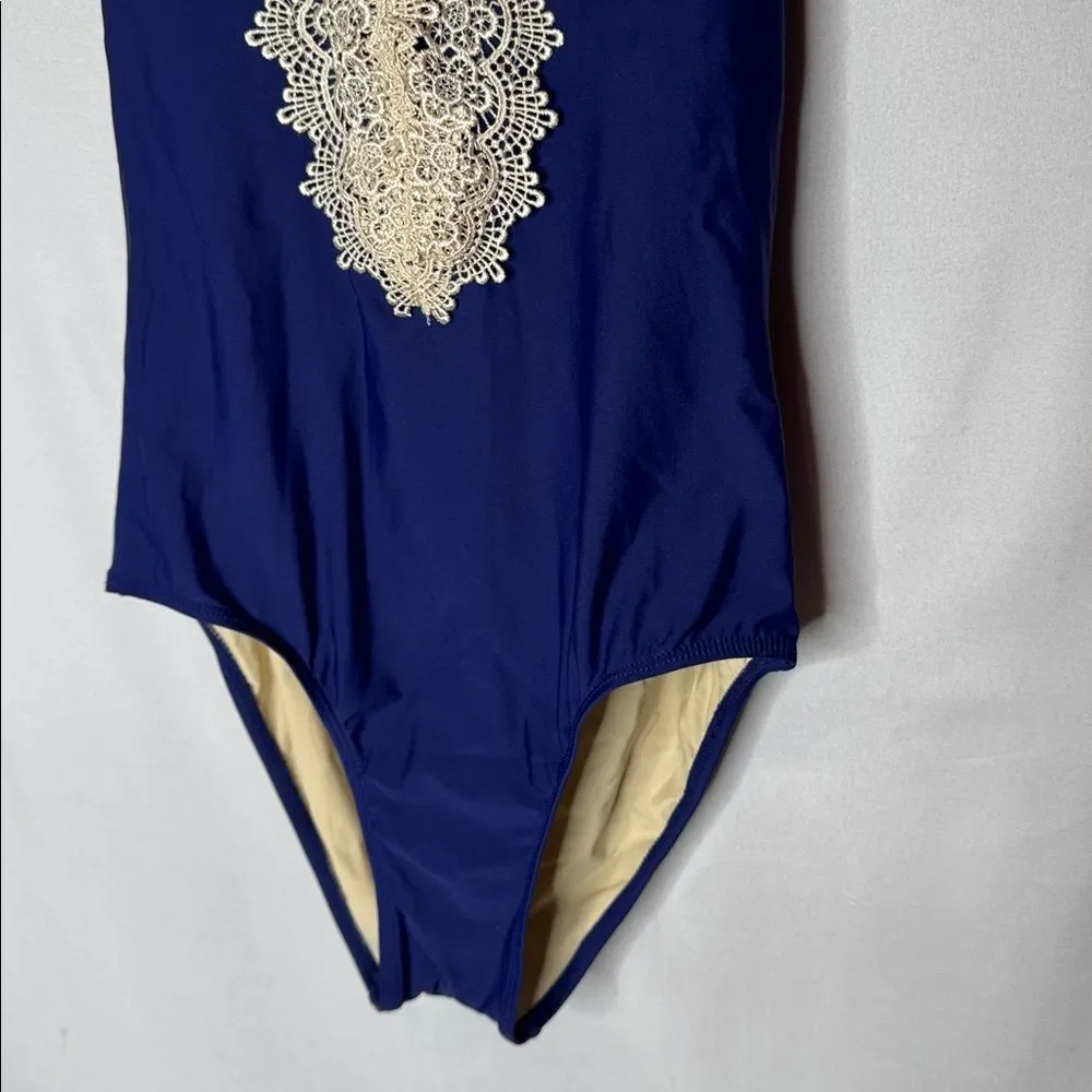Anthropology Navy and Cream‎ Lace Allihop One Piece Swimsuit. Size Small.
